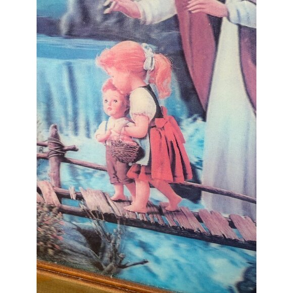 Vintage 70's Lenticular 3D Hologram Guardian Angel Children Framed Picture - Picture 5 of 15